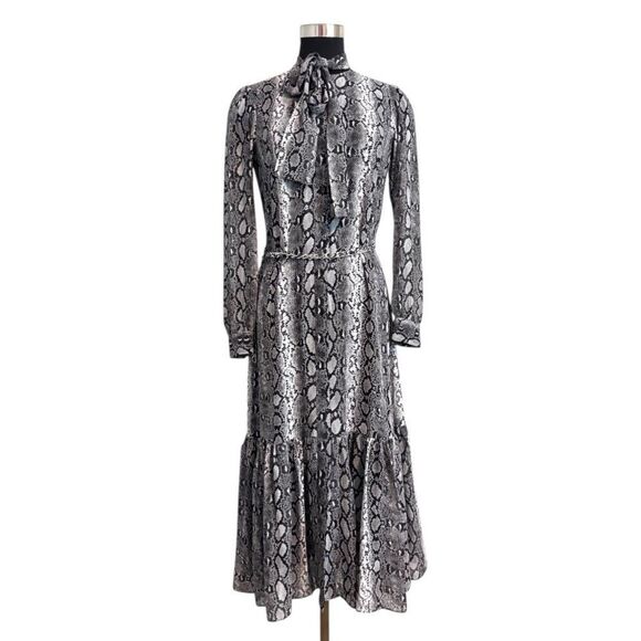 NWT Michael Kors XS Snakeskin Print Midi Dress Tie Neck Belted Ruffle Hem - Picture 1 of 6